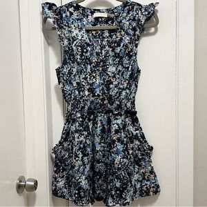 Ramy Brook V-neck Floral Bloom Printed Jessie Mini Dress M blue ruffle fit flare
